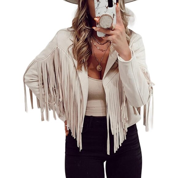 Jackets & Blazers - Women's Beige Trendy Fall Western Fringe Cropped Faux Suede Leather Jackets